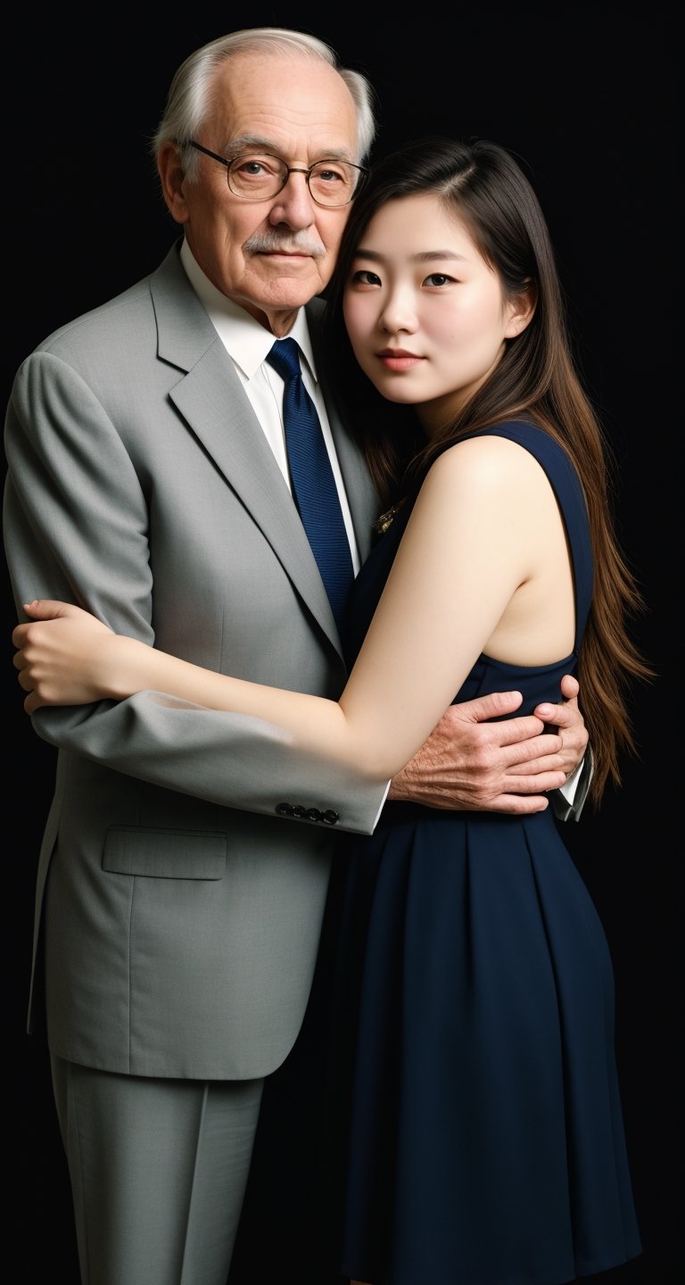 Masterpiece, best picture quality), girl and old man, a 20-year-old girl, sexy underwear,BREAK, a 70-year-old man, suit and tie, hug,film grain:1.1,camera flash,multicolored background