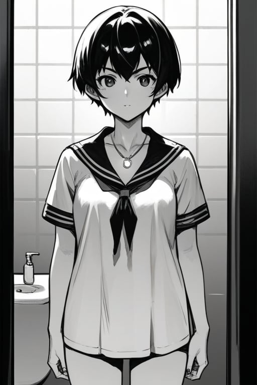 score_9, score_8_up, score_7_up, score_6_up, source_anime, source_manga, lineart, LineAniAF, monochrome, 1girl, short hair, serafuku, wearing glowing necklace, looking at viewer, standing, cowboy shot, bathroom