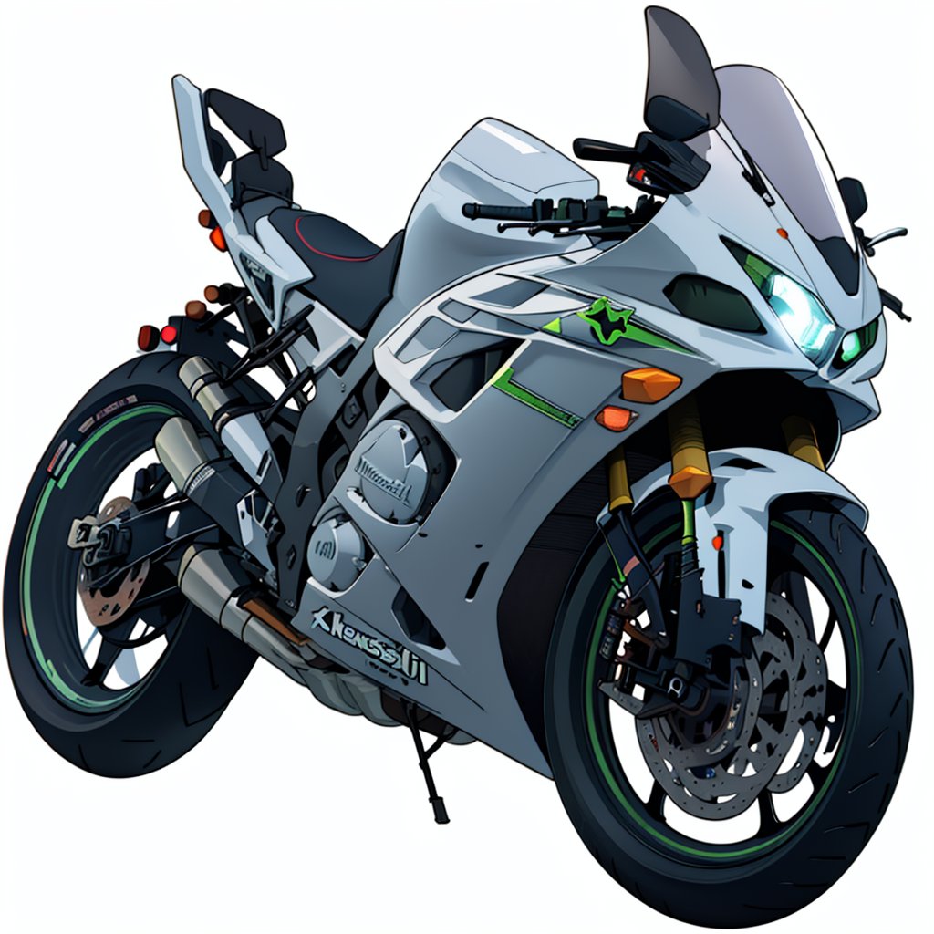 white and grey 2021 Kawasaki zx6r motorcycle cartoon sticker white outline realistic,chibi