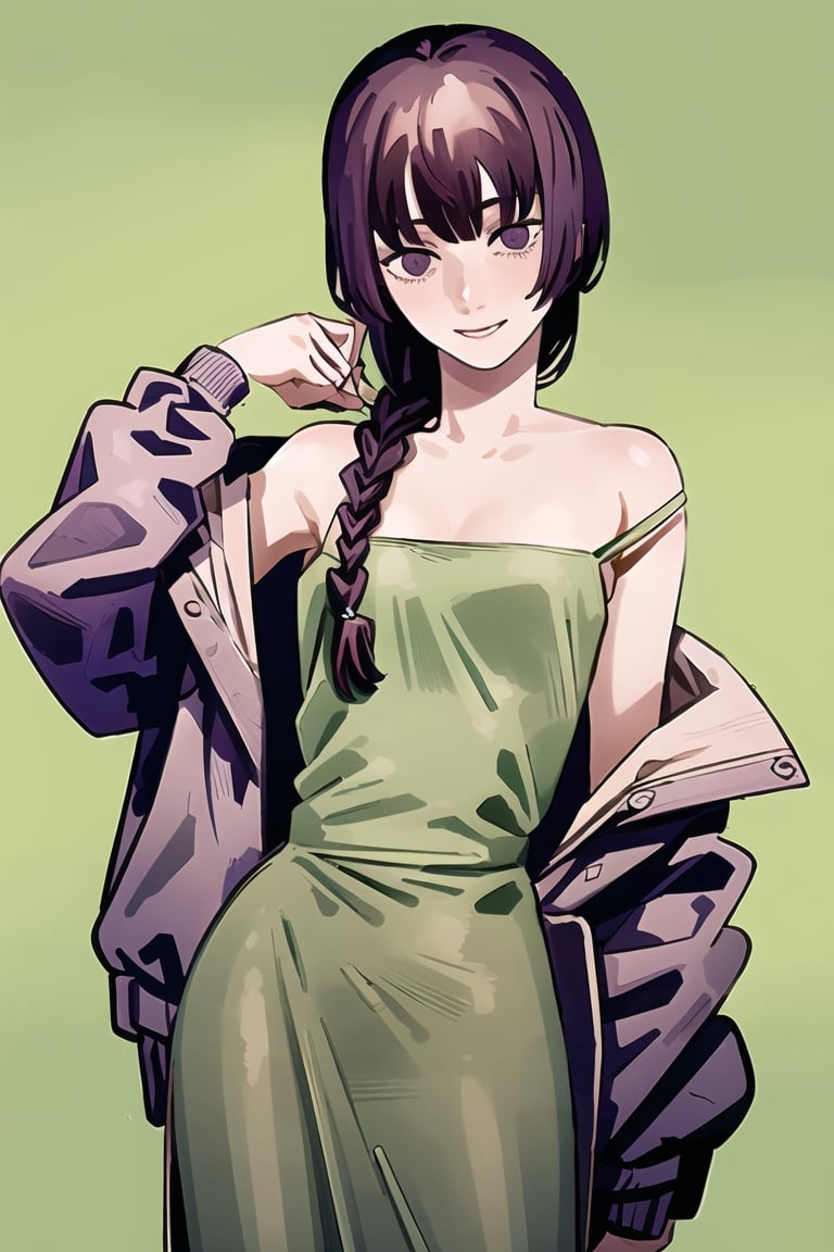 (masterpiece, best quality:1.2), fujimoto, 1girl, solo, hiroi kikuri, long hair, hair over shoulder ,single braid, strap slip, off shoulder, green dress, two-tone jacket, smile, green background, purple eyes, flat chest, blunt bangs, messy hair