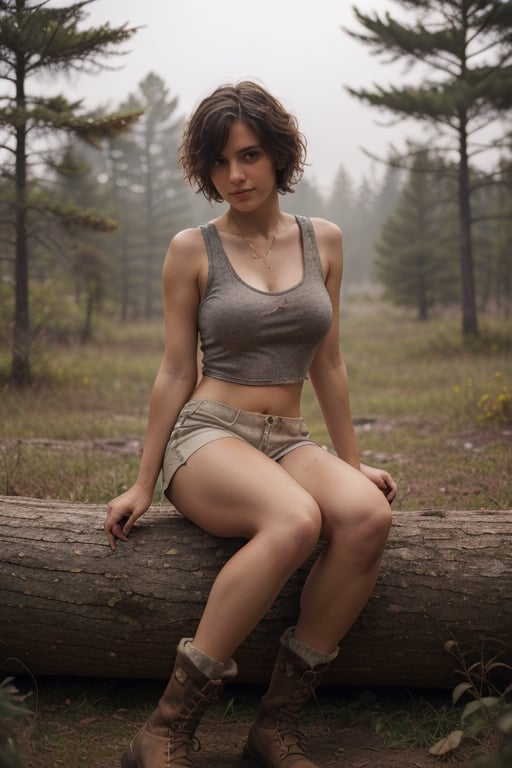 a masterpiece, a moody photograph, dynamic camera, pretty spanish model sitting on a log, ((large_breasts, firm breasts)), Slender_body:0.5, ultra detailed legs, ((tight cotton tank top)), (plain cotton shorts), brown hiking boots, ((brown skin, tanned skin)), shy look, ((cropped hair, short hair, messy hair)), wilderness, weeds, haze, hot, steamy, outdoors, perfect composition, moody lighting, shadows, perfect body proportions, ultra high detail, photo real, fujifulm,Epic Poses