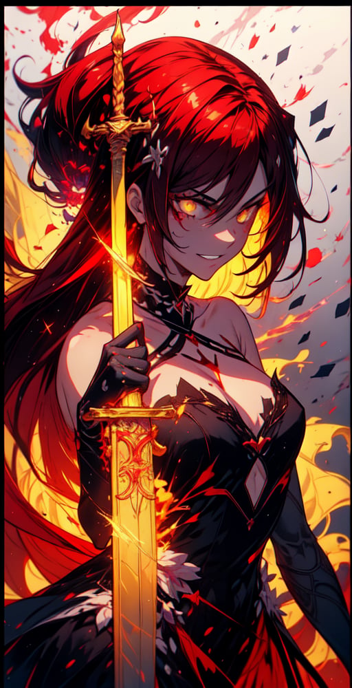 1 queen of blade,sadistic smile,perfect face, tiful face, very long glitter,bright red hair, bright yellow eyes, detailed dress with filigree dark crimson slashes style,ashes falling background, weapon, holding a red purple magic sword, side view, close-up