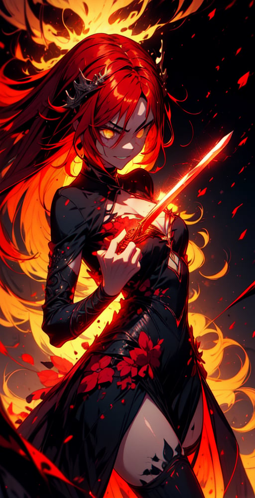 1 queen of blade,sadistic smile,perfect face, tiful face, very long glitter,bright red hair, bright yellow eyes, detailed dress with filigree dark crimson slashes style,ashes falling background, weapon, holding a red purple magic sword, side view, close-up