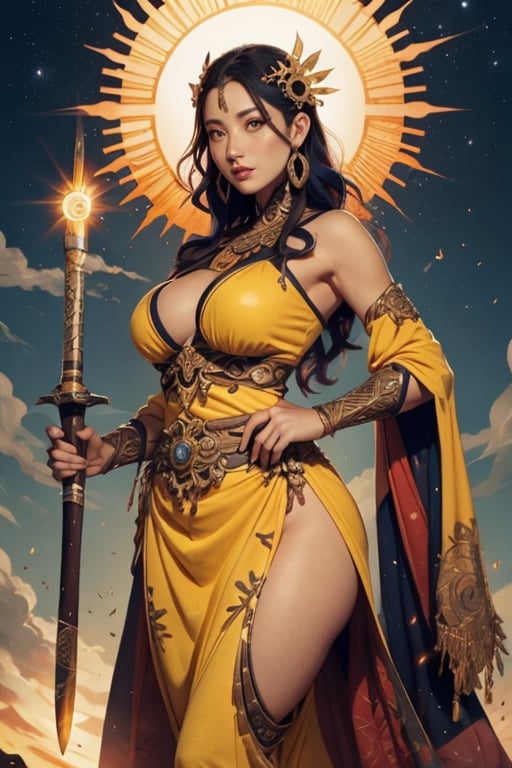 female god of the sun,holding a thin glowing blade,2D pose,perfect body,A beautiful mature woman,saggy boobs,solar hair,yellow eyes,god of solar dress