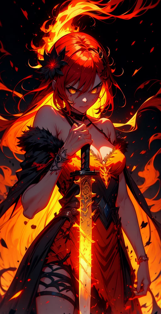 1 queen of blade,sadistic face, tiful face, very long glitter,bright red hair, bright yellow eyes, detailed dress with filigree dark red flames style, summer, Iceland location, ashes falling background, weapon, holding a red fire magic sword, side view, close-up