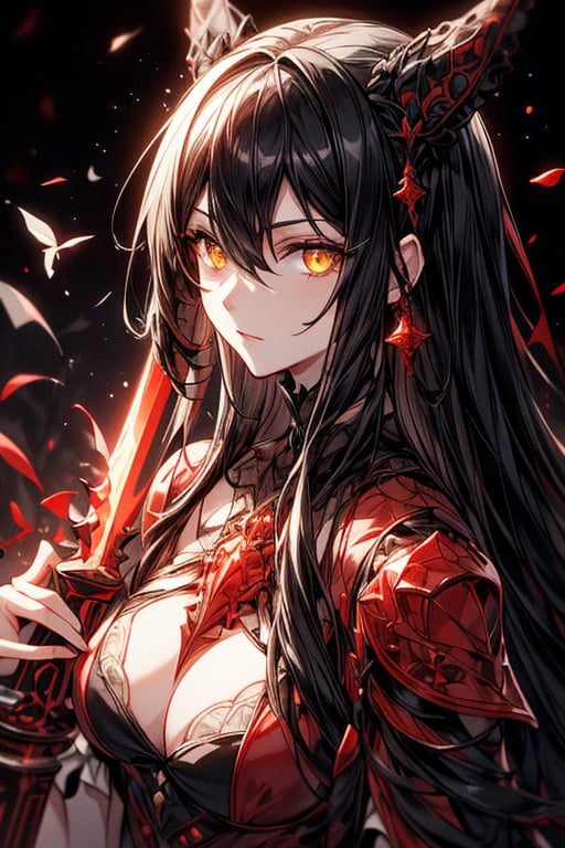 (masterpiece), best quality, perfect face,hair straight,1girl, solo,sadistic face, bright black hair,glowing yellow eyes,holding a red sword, detailed crimson dress,1 girl,