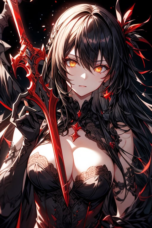 (masterpiece), best quality, perfect face,hair straight,1girl, solo,sadistic face, bright black hair,glowing yellow eyes,holding a red sword, detailed crimson dress,1 girl,