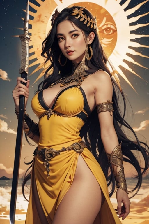 female god of the sun,holding a thin glowing blade,2D pose,perfect body,A beautiful mature woman,saggy boobs,solar hair,yellow eyes,god of solar dress