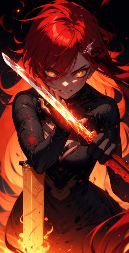 male,sadistic smile,perfect face, tiful face, very long glitter,bright red hair, bright yellow eyes, seductive detailed dress with dark crimson slashes style,ashes falling background, weapon, holding a red magic sword,close up