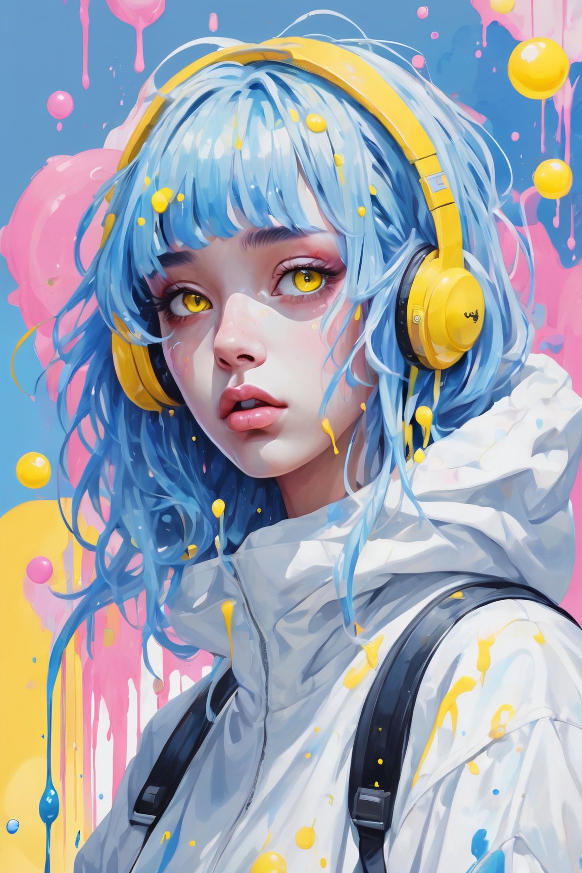 beautfiul face,yellow eyes,blue hair,dripping paint,abstract,gouche,white,totally white,pastel colors,(bubble drip)1girl with techwear clothes,sexy,circular shapes on background,melt,vaporwave style,