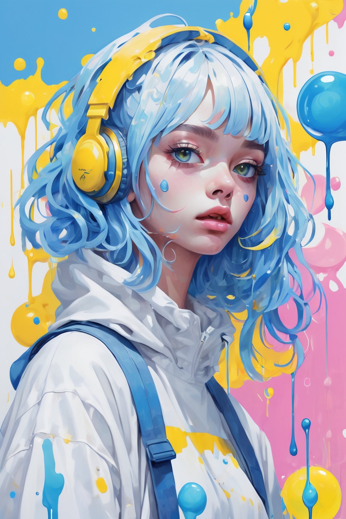 beautfiul face,yellow eyes,blue hair,dripping paint,abstract,gouche,white,totally white,pastel colors,(bubble drip)1girl with techwear clothes,sexy,circular shapes on background,melt,vaporwave style,