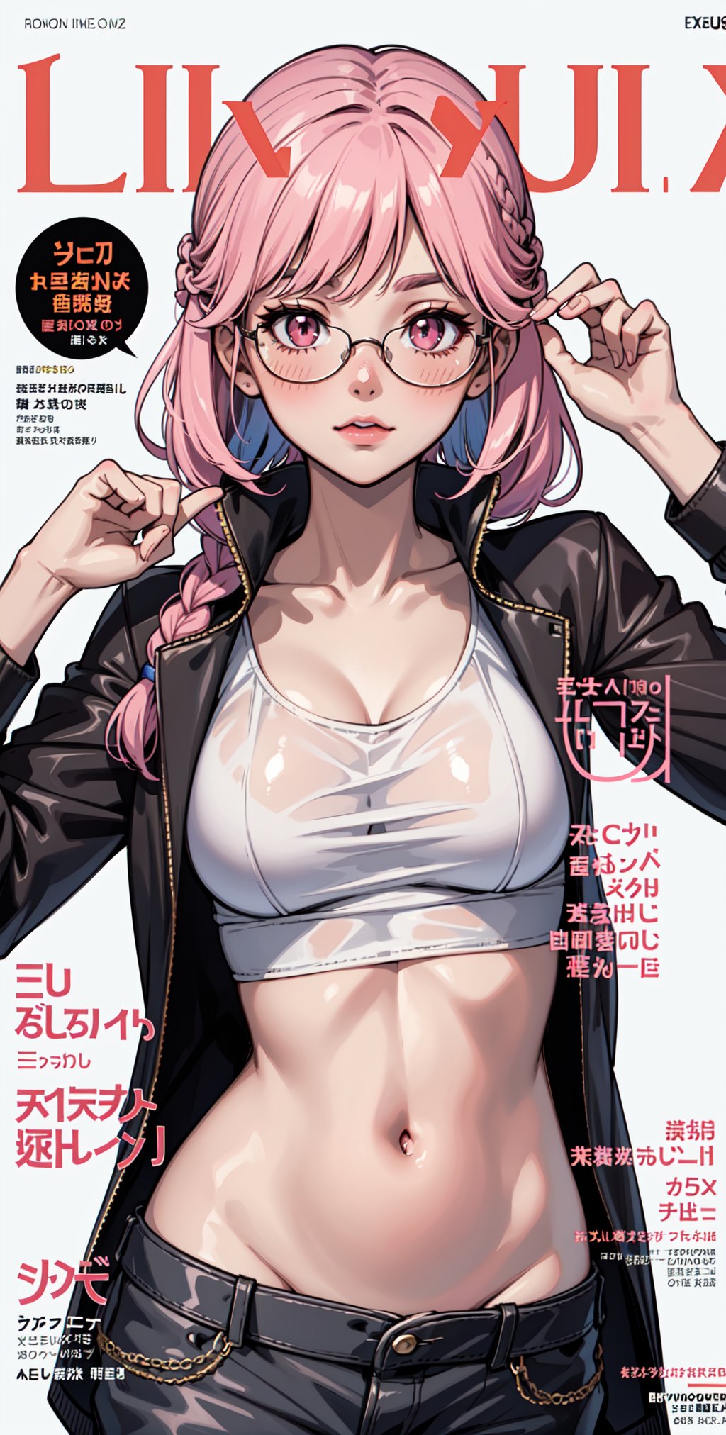 long hair, blush, pink eyes, navel, glasses, rainbow hair, liquid hair, long jacket,cute face,long sleeves, braid, navel, ((magazine cover)), upper body