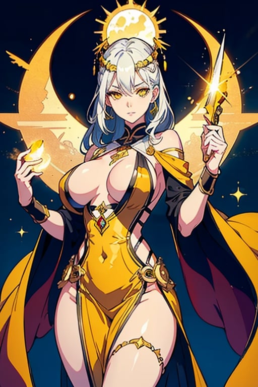 female god of the sun,holding a thin glowing blade,2D pose,perfect body,A beautiful mature woman,saggy boobs,solar hair,yellow eyes,god of solar dress