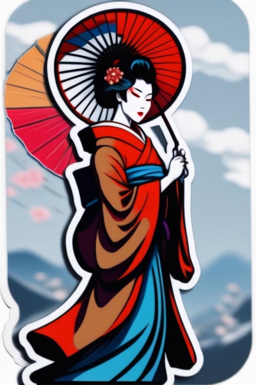 a geisha holding an umbrella with her hair blowing in the wind sticker