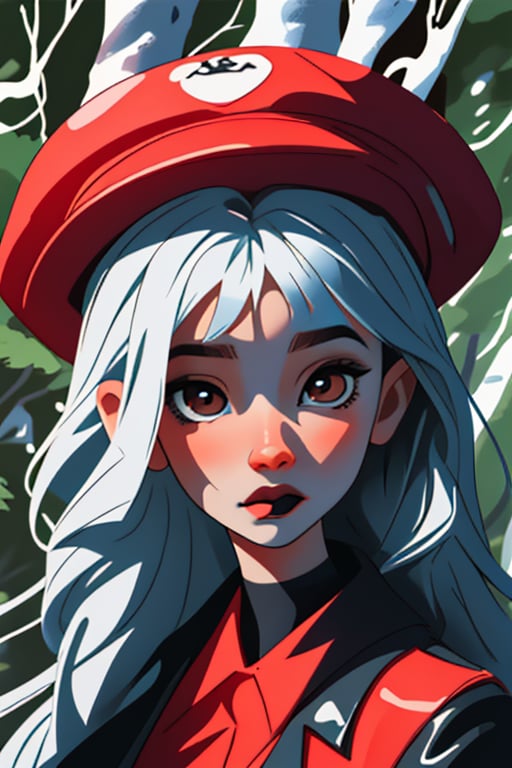 a sticker,1 girl,hat,goth,red forest. illustration,4k,SAM YANG