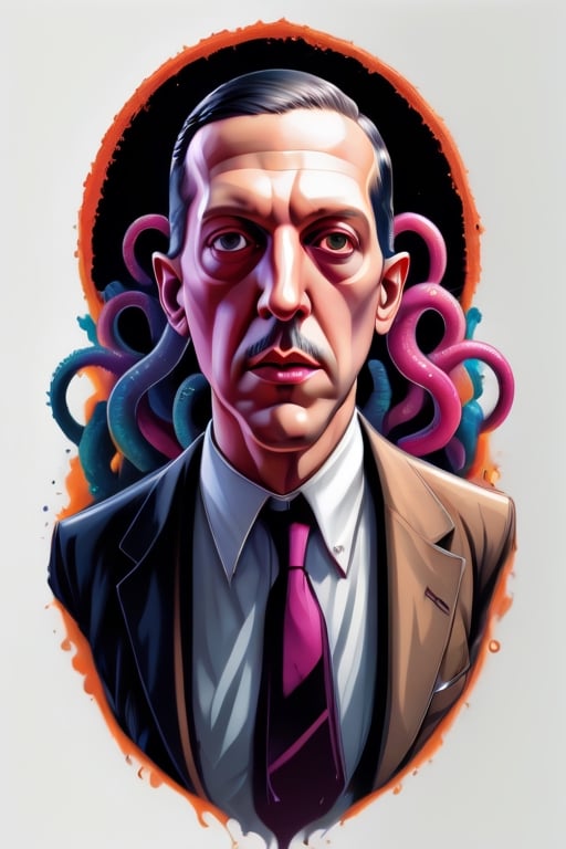 vector t-shirt design ready to print, illustration of a h.p.lovecraft, front view, white background, pro vector, high detail, grafitti, vibrant, photorealistic,Leonardo Style,biopunk style