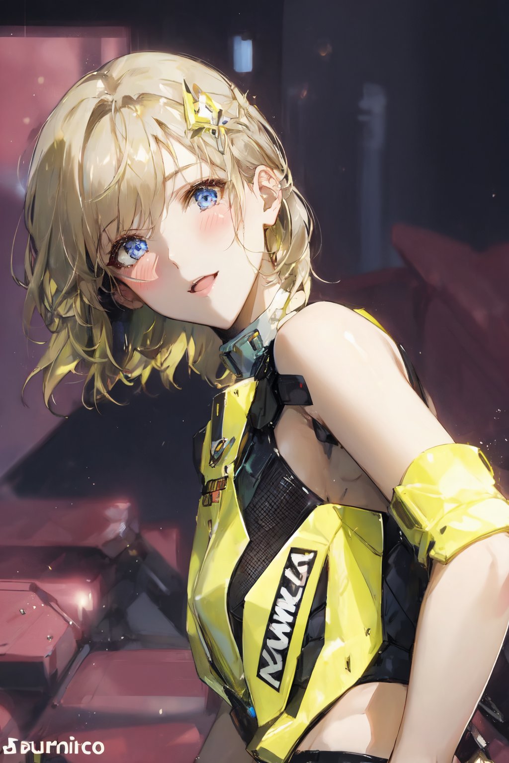 realistic, 1girl, super details, soft light, blush, blonde, makeup, light smile, glow, thighs, blue eyes, bare shoulders, collarbone, turtleneck, narrow waist, sunbeam, sunlight, small breasts, wind, (masterpiece), Korean idol, plugsuits, black latex pants, futuristic clothes, concert stage, candid, ,KurashimaChiyuri,mecha, short hair, cat hair ornament, school uniform