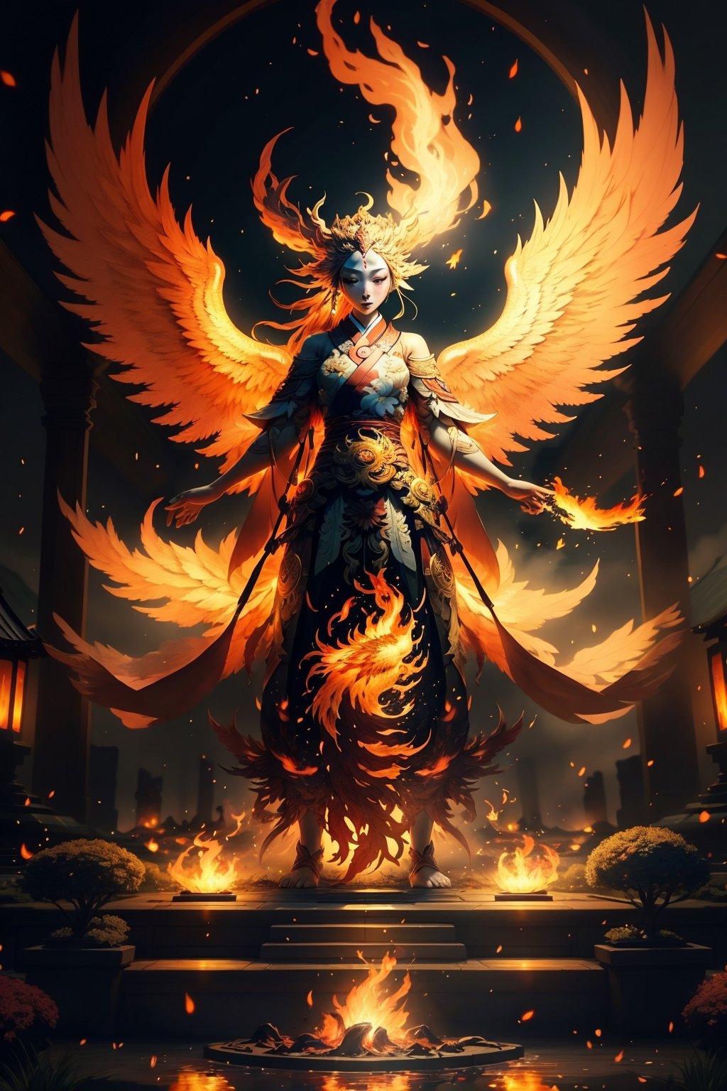 (masterpiece,best quality:1.2),Biomorphism, a Miko is standing in front of the fire Phoenix in the heaven garden, flames engulfing, ethereal lighting, super motion blur, twilight golden hour, golden fireflies, split toning