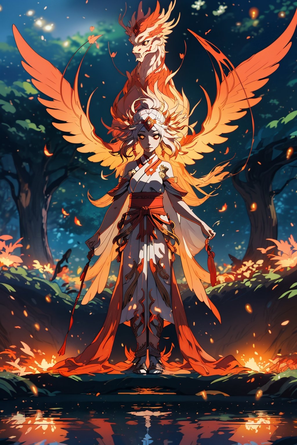 (masterpiece,best quality:1.2),Biomorphism, a Miko is standing in front of the fire Phoenix in the heaven garden, flames engulfing, ethereal lighting, super motion blur, twilight golden hour, golden fireflies, split toning