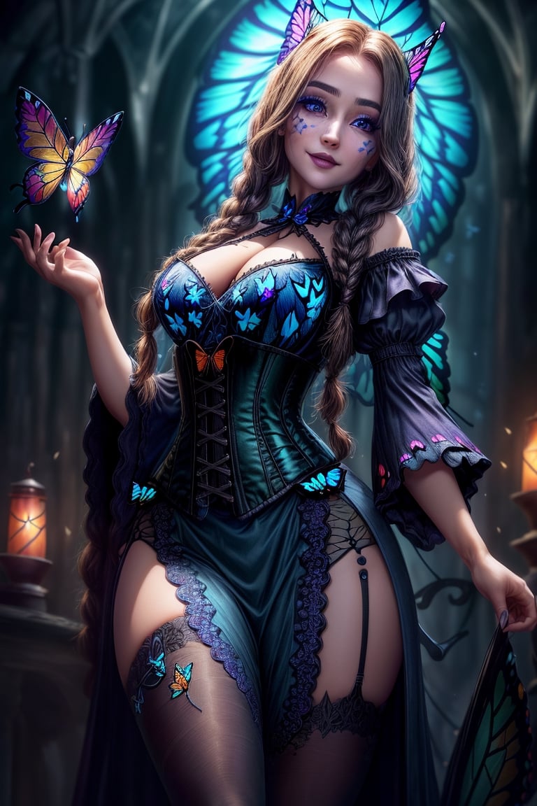 full body,  wizard library in Hogwarts, ultra detailed, ,  8k wallpaper, (1girl in her early 30s: 1.2), (full body wide shot from below: 1.2), (shot on Sony A7 II 50mm : 1.2), (sexy Morticia: 1.2), (corset halloween costume: 1.2), (sexy pose: 1.2), (knowing smile: 1.2), (masterpiece), (photorealistic: 1.2), (raw photo: 1.2),  (depth of field: 1.2), (bokeh: 1.4), (best quality: 1.2),  (detailed face: 1.4), (detailed way hair in braids), (beautiful perfecteyes eyes: 1.4), (butterfly_top: 1.4)