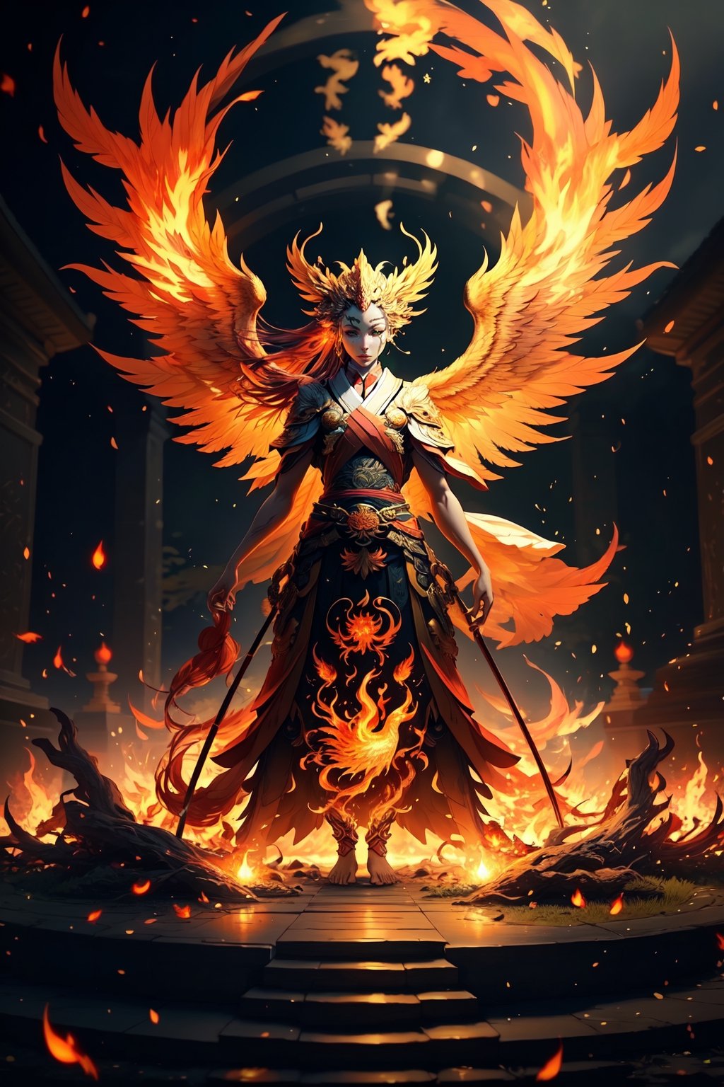 (masterpiece,best quality:1.2),Biomorphism, a Miko is standing in front of the fire Phoenix in the heaven garden, flames engulfing, ethereal lighting, super motion blur, twilight golden hour, golden fireflies, split toning