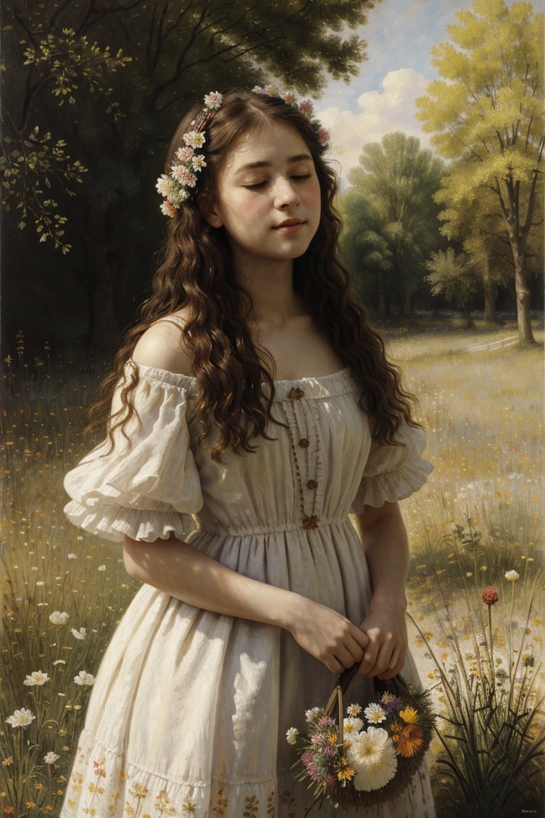 OIL PAINTING,IMPRESSIONISM,(masterpiece, best quality, ultra-detailed, best shadow),(detailed background),realistic ,(Rembrandt),1girl, solo, flower, dress, long hair, closed eyes, black hair, white dress, holding flower, field, holding, outdoors, grass, realistic, bare shoulders,