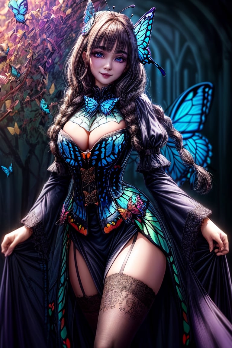 full body,  wizard library in Hogwarts, ultra detailed, ,  8k wallpaper, (1girl in her early 30s: 1.2), (full body wide shot from below: 1.2), (shot on Sony A7 II 50mm : 1.2), (sexy Morticia: 1.2), (corset halloween costume: 1.2), (sexy pose: 1.2), (knowing smile: 1.2), (masterpiece), (photorealistic: 1.2), (raw photo: 1.2),  (depth of field: 1.2), (bokeh: 1.4), (best quality: 1.2),  (detailed face: 1.4), (detailed way hair in braids), (beautiful perfecteyes eyes: 1.4), (butterfly_top: 1.4)