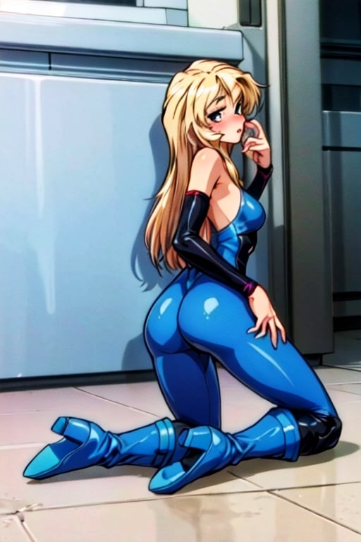 retro artstyle, 1990s (style), a pose of a sexy blonde woman kneeling on the floor, 1girl, solo, breasts, blond long hair, black boots, ((blue suplex jumpsuit no sleeve)),bottomless, high heels, sleeveless,(black boots), full body, looking at viewer, blushed, blush, HD, detailed, fullbody, waifu, lovelly