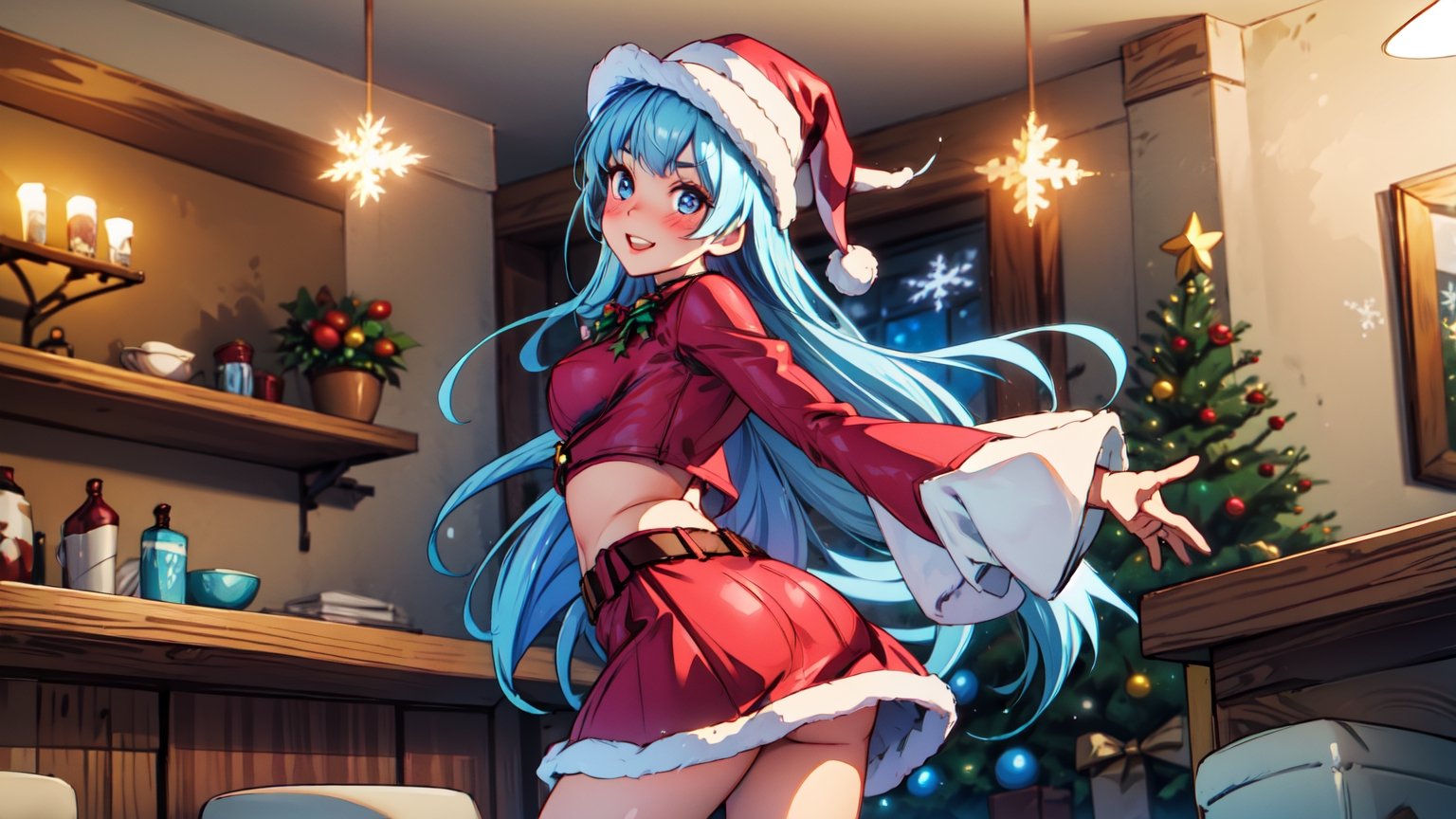 A girl with santa clothes looks happy with her beauty smile and showing ass, 1girl, ((cowboy hat)), solo, blue eyes, boots, indoors, ice_hair, christmas, on back, looking at viewer, white blue footwear, belt, long hair, smile, blush, long sleeves, standing, (santa costume), ((western bar Christmas)),KOFKula, up-skirt,mtu virus