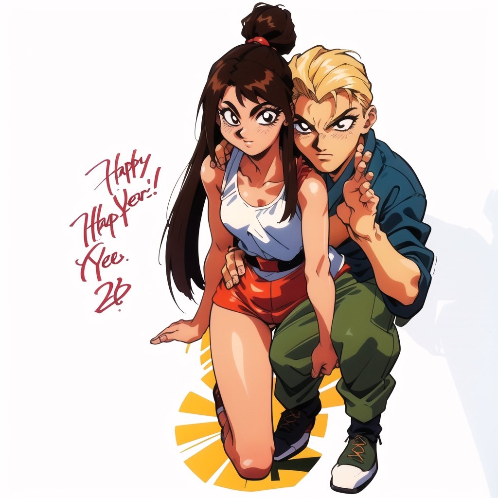 same picture retro artstyle, a couple, on happynew year, the blond man, japanese girl medium brown hair, ((perfect_pose)), ((full body)), perfect_fingers, perfect_legs, perfect_hands, More Detail,oobari,retro artstyle