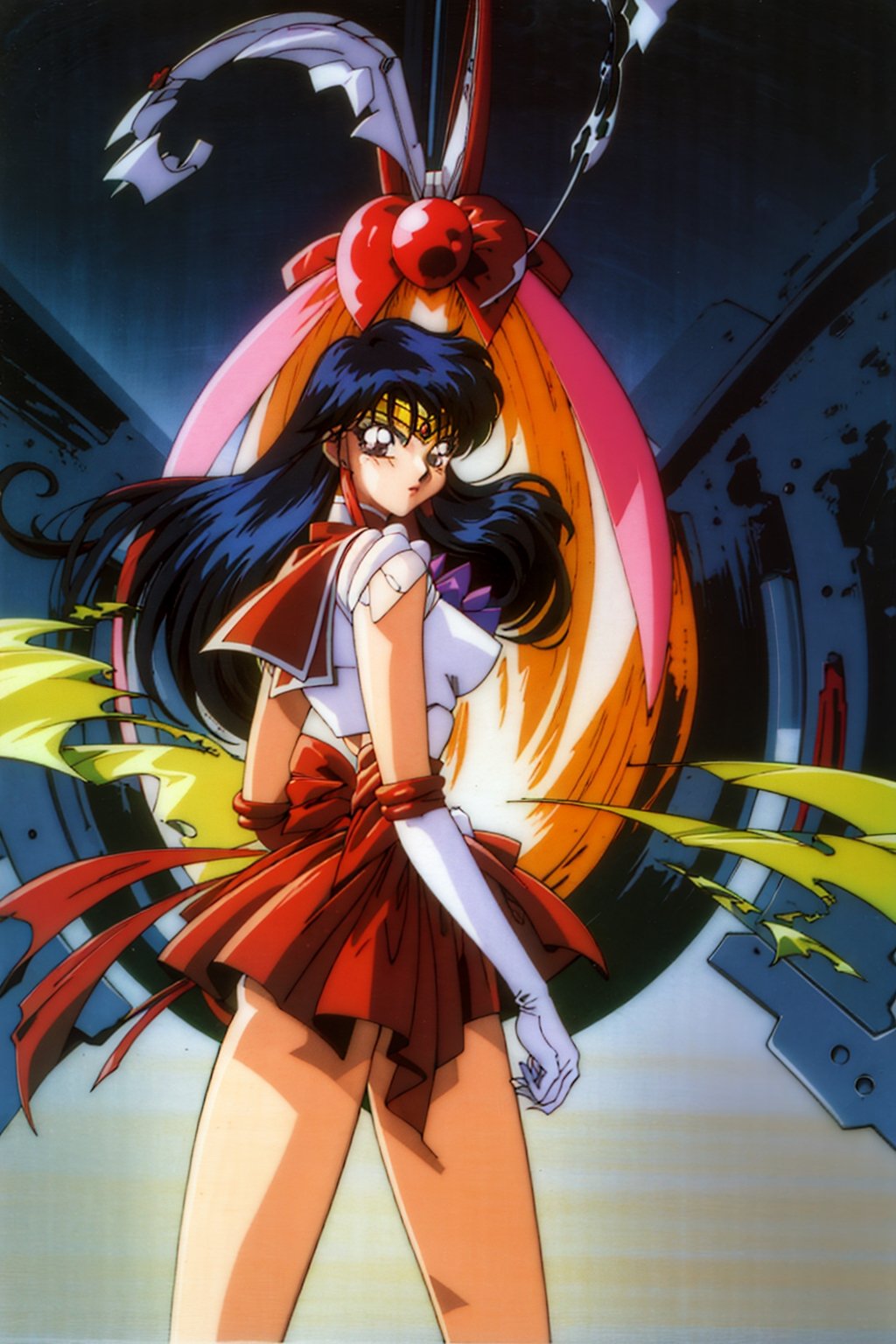 ((Masterpiece in UHD, with crisp details. Style inspired by 90s anime art by Masami Obari)). | outfit1 sama1, tiara, sailor senshi uniform, white gloves, red sailor collar, red skirt, star choker, elbow gloves, pleated skirt, bare legs, purple bow, (((full-body portrait))), (((perfect_pose, perfect_anatomy, perfect_body))), ((better_hands, perfect_fingers, perfect_hands):0.5), (((perfect_composition, perfect_design, perfect_layout, perfect_detail, ultra_detailed))), (((enhance_all, fix_everything))), More Detail, Enhance.,retro artstyle, 1990s (style),90s,80s,00s,anime,retro,retro anime,sama1