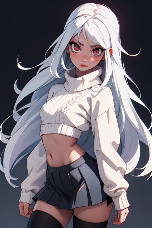 very long beautiful white hair grunge sad goth girl wearing a large full length white sweater and a pleated skirt with dark goth makeup with wide hips and a small waist and black tights on and a cute sexy face