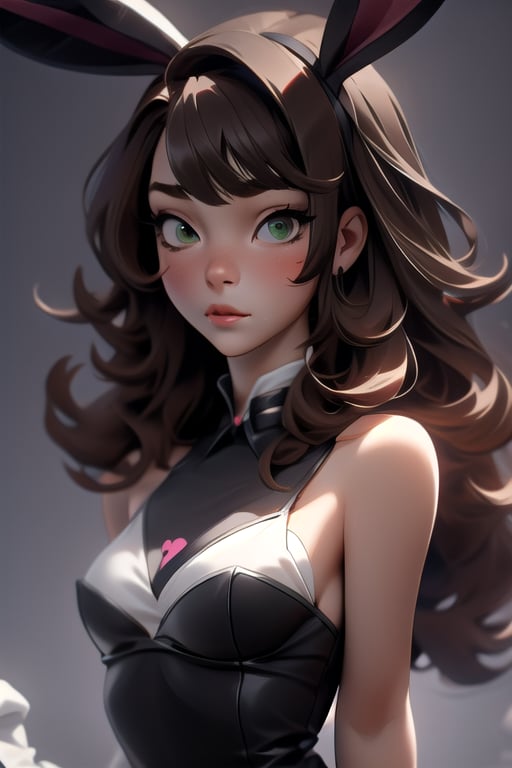 sexy cute bunny girl,SAM YANG, brown hair, black outfit, bare shoulders, hazel eyes with a slightly green hint,1 girl,3DMM, bangs,sad,adult,chubby