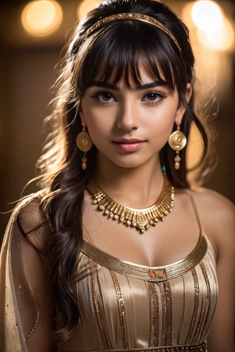 Awardwinning photo, dynamic photo of woman front bangs, 18 years old, egyptian, gold, earrings, bracelets, silk, 8k uhd, dslr, soft lighting, high quality, film grain, Fujifilm XT3, high quality photography, 3 point lighting, flash with softbox, 4k, Canon EOS R3, hdr, smooth, sharp focus, high resolution, award winning photo, 80mm, f2.8, bokeh, (Highest Quality, 4k, masterpiece, Amazing Details:1.1), film grain, Fujifilm XT3, photography,