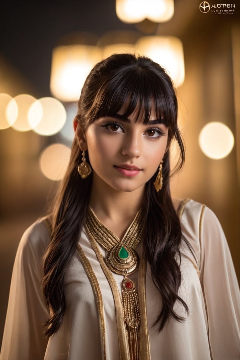 Awardwinning photo, dynamic photo of woman front bangs, 18 years old, egyptian, gold, earrings, bracelets, silk, 8k uhd, dslr, soft lighting, high quality, film grain, Fujifilm XT3, high quality photography, 3 point lighting, flash with softbox, 4k, Canon EOS R3, hdr, smooth, sharp focus, high resolution, award winning photo, 80mm, f2.8, bokeh, (Highest Quality, 4k, masterpiece, Amazing Details:1.1), film grain, Fujifilm XT3, photography,