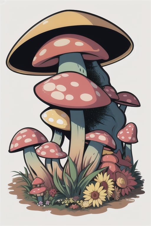 A beautiful mushroom with a surrounding floral design in detailed drawing style + simple vector + bright colors on a white background