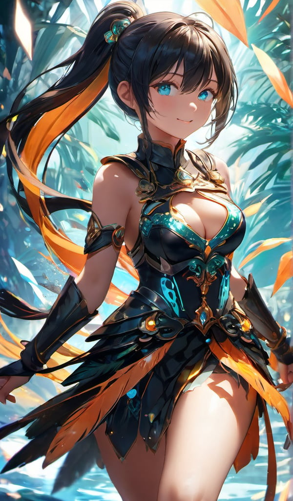 (masterpiece, best quality, ultra-detailed, best shadow), (detailed background,dark fantasy), (beautiful detailed face), high contrast, (best illumination, an extremely delicate and beautiful), ((cinematic light)), colorful, hyper detail, dramatic light, intricate details,fantasy, (1little cute girl,black ponytail-hair,orange-eyes, exciting smile,white sleeveless dress,big breast,Armor palms, knee boots), fighting_stance,dynamic angle,aqua light splatter, swirling blades around the character, depth of field, golden-light particles,(broken crystal),multi-color eyes, hyper detailed, highly detailed, beautiful, small details, ultra detailed, best quality, 4k, (good anatomy)