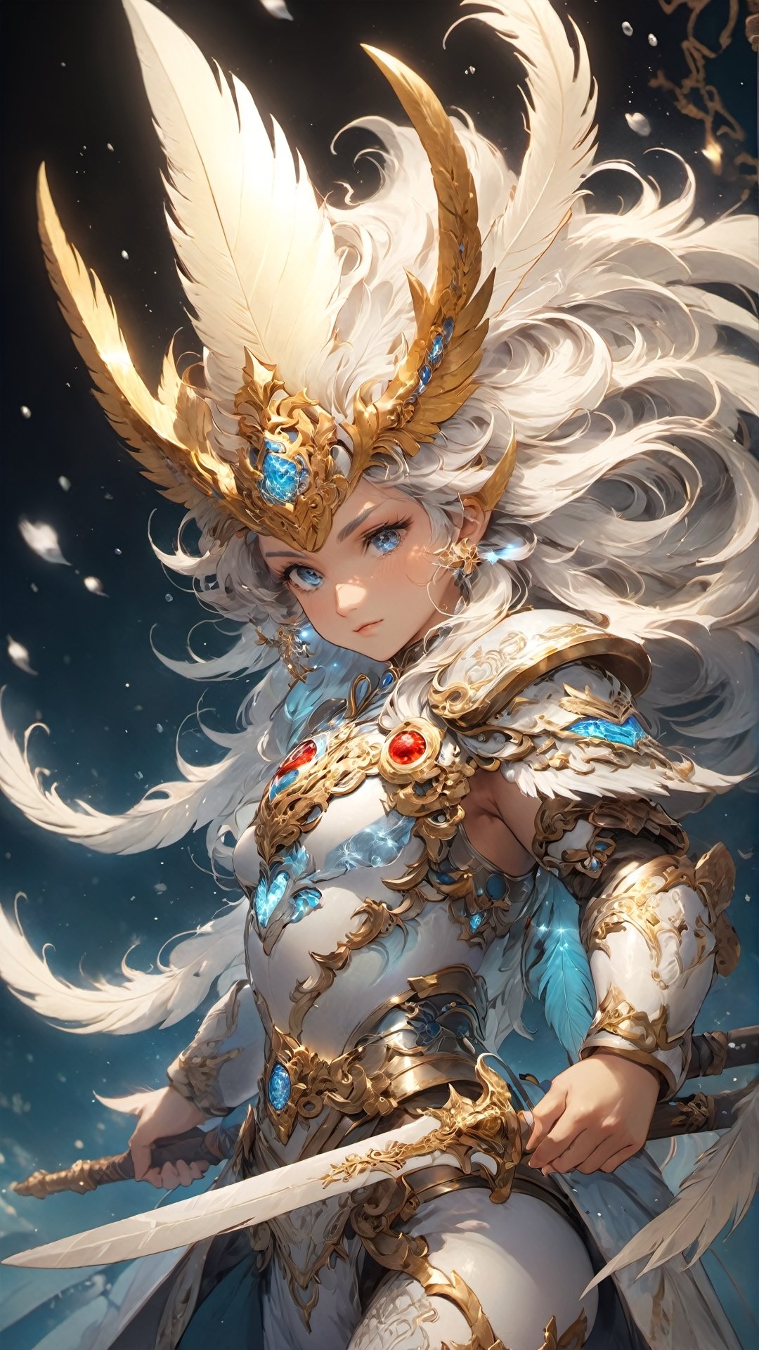 (1little girl),babyface, (big darkred eyes),  (silver hair),  long wavy hair, (golden printed white thong leotard, ,golden printed white limb armour, white helmet,Bioluminescent metal feather wing, long silver feathery blades ,attack stance), whole body, fantasy,  subsurface scattering,  perfect anatomy,  glow,  bloom, feathers,  (broken glass,  snowflakes,  light_particles),  Final Fantasy style,  Movie Still,  cold color,  vibrant,  volumetric light (masterpiece,  top quality,  best quality,  official art,  beautiful and aesthetic:1.2),  extreme detailed,  (abstract,  fractal art:1.3),  highest detailed,  (detailed_eyes,  perfect body,  five fingers,  perfect hands,  anatomically perfect body), dynamic stance,  dynamic angle,  depth of field,  hyper detailed,  highly detailed,  beautiful,  small details,  ultra detailed,  best quality, 4k,  (cowboy shot), (helf-body shot)