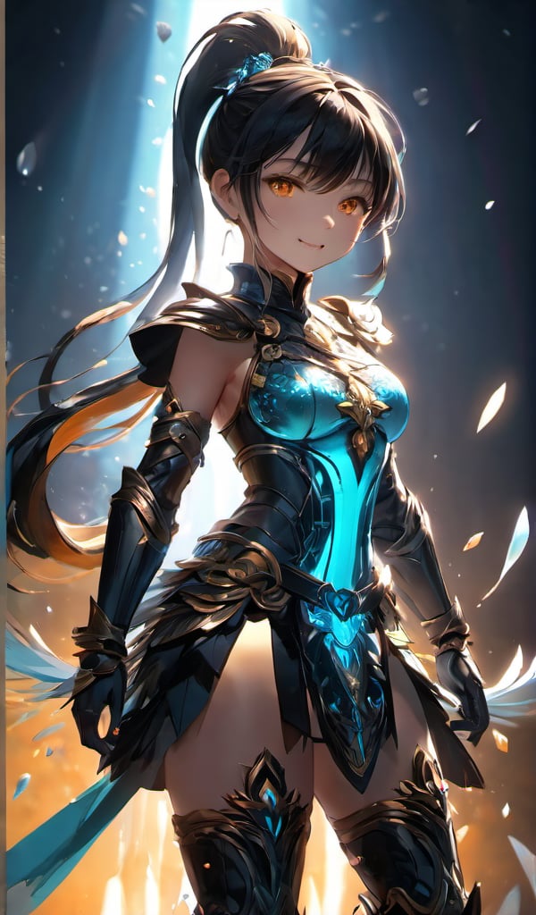 (masterpiece, best quality, ultra-detailed, best shadow), (detailed background,dark fantasy), (beautiful detailed face), high contrast, (best illumination, an extremely delicate and beautiful), ((cinematic light)), colorful, hyper detail, dramatic light, intricate details,fantasy, (1little cute girl,black ponytail-hair,orange-eyes, exciting smile,white sleeveless dress,big breast,Armor palms, knee boots), fighting_stance,dynamic angle,aqua light splatter, swirling blades around the character, depth of field, golden-light particles,(broken crystal),multi-color eyes, hyper detailed, highly detailed, beautiful, small details, ultra detailed, best quality, 4k, (good anatomy)