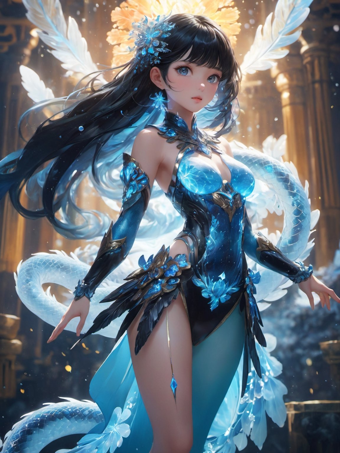 (1 little girl),18 years old,babyface,(big silver eyes), (black hair), long wavy hair,(Bioluminescent transparent squma body), transparent, translucent skin, transparent scales limb armor,  whole body,fantasy, subsurface scattering, perfect anatomy, snakeskin, glow, bloom,  liquid, (snowflake, water drops, light_particles), china style, Movie Still, cold color, vibrant, volumetric light (masterpiece, top quality, best quality, official art, beautiful and aesthetic:1.2),  extreme detailed, (abstract, fractal art:1.3), colorful hair, highest detailed, (detailed_eyes, perfect body, five fingers, perfect hands, anatomically perfect body),dynamic stance, dynamic angle, depth of field, hyper detailed, highly detailed, beautiful, small details, ultra detailed, best quality,4k, (cowboy shot),(helf-body shot),mythical clouds,chinese ink drawing