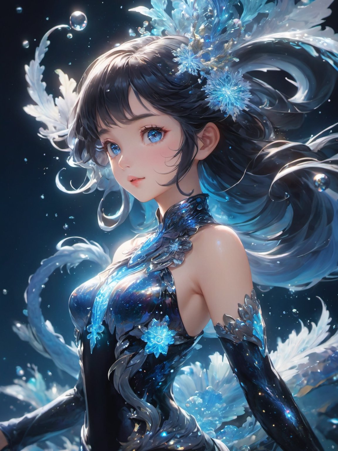 (1 little girl),18 years old,babyface,(big silver eyes), (black hair), long wavy hair,(Bioluminescent transparent squma body), transparent, translucent skin, transparent scales limb armor,  whole body,fantasy, subsurface scattering, perfect anatomy, snakeskin, glow, bloom,  liquid, (snowflake, water drops, light_particles), china style, Movie Still, cold color, vibrant, volumetric light (masterpiece, top quality, best quality, official art, beautiful and aesthetic:1.2),  extreme detailed, (abstract, fractal art:1.3), colorful hair, highest detailed, (detailed_eyes, perfect body, five fingers, perfect hands, anatomically perfect body),dynamic stance, dynamic angle, depth of field, hyper detailed, highly detailed, beautiful, small details, ultra detailed, best quality,4k, (cowboy shot),(helf-body shot),mythical clouds,chinese ink drawing