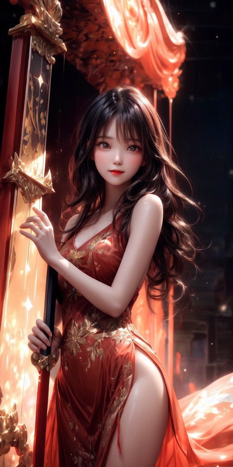 1 cute girl, 16 years old, (black long curly hair, golden eyes, rosy pure skin, v-shaped slim face, rosy cheeks,soft smile), transparent liquid skin, middle breasts and hips, narrow waist, (golde printed darkred sleeveless dress),(( A long red transparent broad-bladed sword)),dynamic stance, symmetrical, natural skin texture, soft lighting, detailed face, digital art 8k, fantastic face, beautiful look, detailed hair, black hair, ultra focus, face illuminated, face detailed, fantasy concept art of detailed character, soft natural lighting, soft pastel colors sparkling, helf-body shot, whole-body shot, looking front