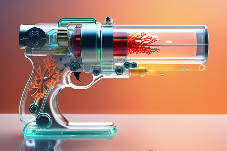 anatomically correct a bio mechanical cyborg gun made of glass, transparent body, ,glass texture, glass, soft bright background, shine, subsurface scattering, transparent, glow, bloom, jellyfish, coral, Bioluminescent liquid, volumetric light, tube, 3d style,cyborg style,Movie Still,Leonardo Style, realistic photo, high_resolution,8k, blurred_background, cowboy_position, full_body