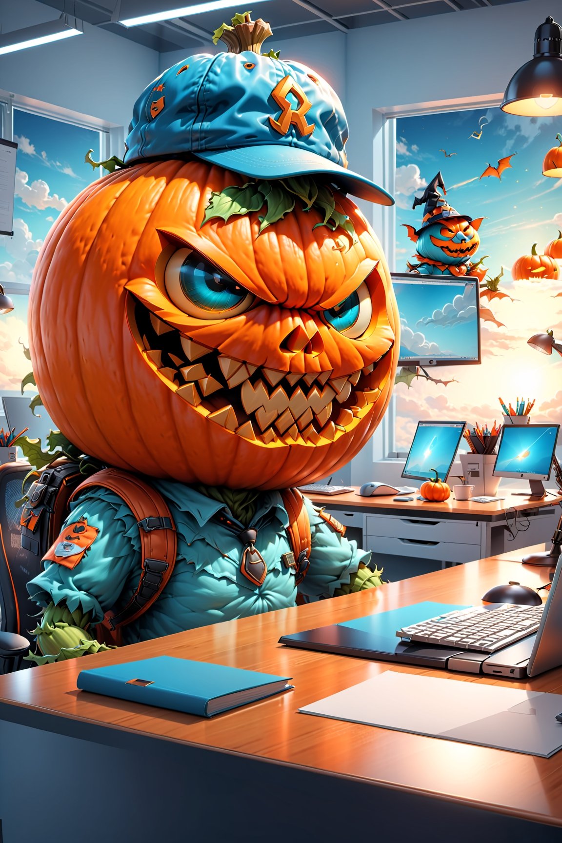 A pumpkin monster in the office is working wearing a cap,day time sky,cool ,Halloween,(Masterpiece, highest quality), (detailed eyes), (shading), (highly detailed CG 8k unity wallpaper), (studio indirect use lighting), (amazing drawing) (Illustration), (Artwork), (Magical light), (Shading), (Very detailed), (CG 8k Unity wallpaper), (Nice newly drawn illustration), (Best illustration performance), (cool face),photo r3al,detailmaster2,3d toon style