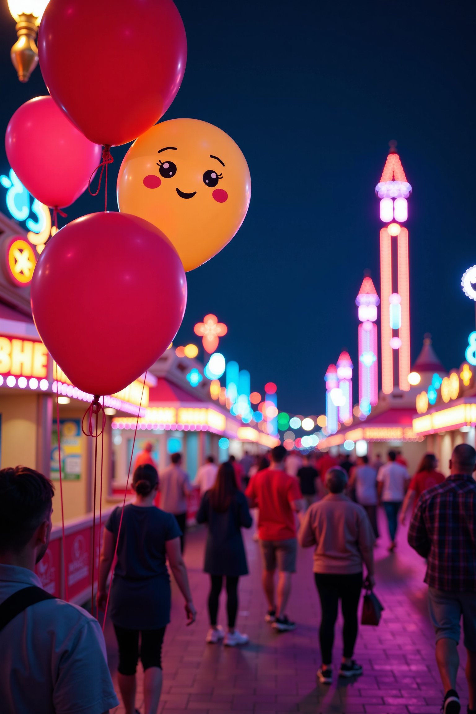 A vibrant scene at an amusement park, with colorful neon lights illuminating the area, casting a festive glow. Cute balloons of various shapes and colors are prominently displayed, floating above the crowd. The scene is framed wide to capture the lively atmosphere, with the neon lights reflecting off the nearby attractions and rides. The balloons are in the foreground, adding a playful touch, while the background features the bustling park, with people enjoying the rides and attractions under the neon lights.