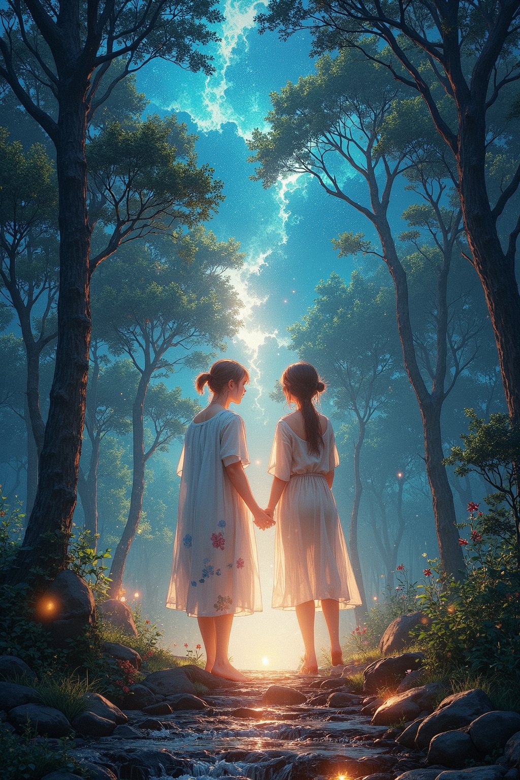 ((masterpiece, best quality)),(complex light),trending, high quality, realistic, intricate detailed, graceful and beautiful textures,16K,anime,illustration,Very beautiful tarot cards design, magical forest in a glowing   illumination, aurora light, very exquisite, fantasy, dreamy, daytime, sky, rainbow, happy atmosphere,dynamic angle