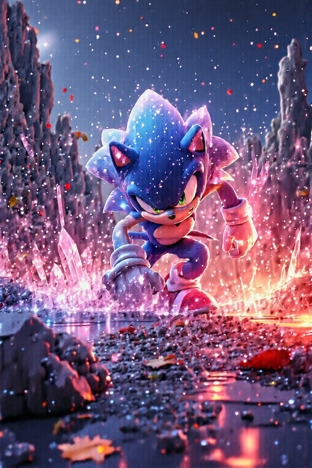 ((masterpiece, best quality)),(complex light),trending, high quality, realistic, intricate detailed, graceful and beautiful textures, 16K, aurora lights,  game art style, Sonic the Hedgehog,outdoor, beautiful expression, best performance, reflection on fall road,aurora light,crawling over a luminous, aurora crystal ,Sonic the Hedgehog with crystal body,full body shot, Ultra High Definition,HD,3D 8k,noc-isometric