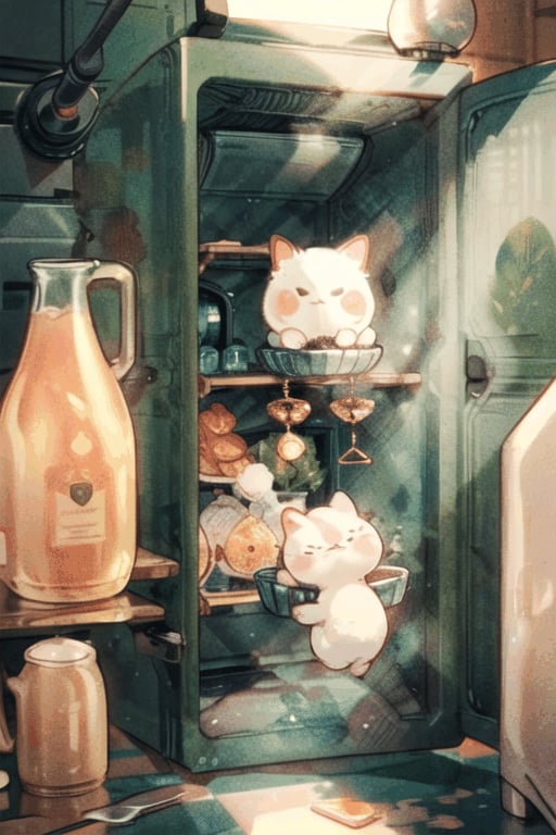 (a refrigerator door open)(fluffy, magical creatures )
Fantasy artwork with the refrigerator door open, its contents in disarray. Inside, two fluffy, magical creatures are present. One, wrapped in a cabbage leaf, looks at the viewer while shivering; the other stands next to a milk jug, making faces at its reflection in the glass.   The scene captures the whimsical and fantastical nature of this miniature world, with detailed and realistic depictions of the food items.,kawaii tech, crafted ceramic.,