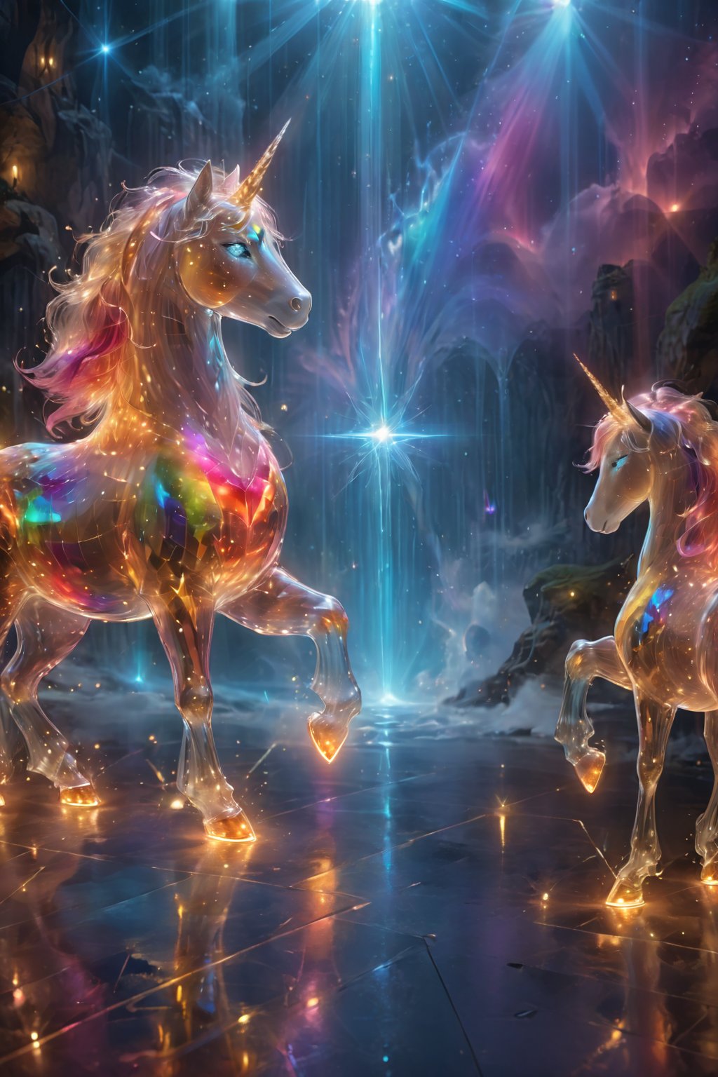 cute UNICORN,hologram,(Masterpiece, highest quality), (detailed eyes), (shading), (highly detailed CG 8k unity wallpaper), (studio indirect use lighting), (amazing drawing) (Illustration), (Artwork), (Magical light), (Shading), (Very detailed), (CG 8k Unity wallpaper), (Nice newly drawn illustration), (Best illustration performance),photo r3al,Glass, super detailed realistic cute UNICORN themed, iridescent glow, super Realistic ultra-detailed dream sky citys, sparkling mosaic tile elements, pieces of beauty and complexity,Clear glass,Clear Glass Skin,aurora glass,Glass Elements,noc-wfhlgr