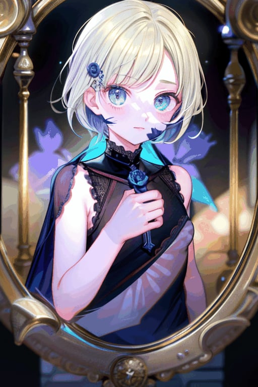 (Masterpiece),handsome boy with short blonde hair, blue eye,gothic style,ultra detailed face,hologram,outdoor,magic,blue rose,cool,reflection,Add more details,beautiful world